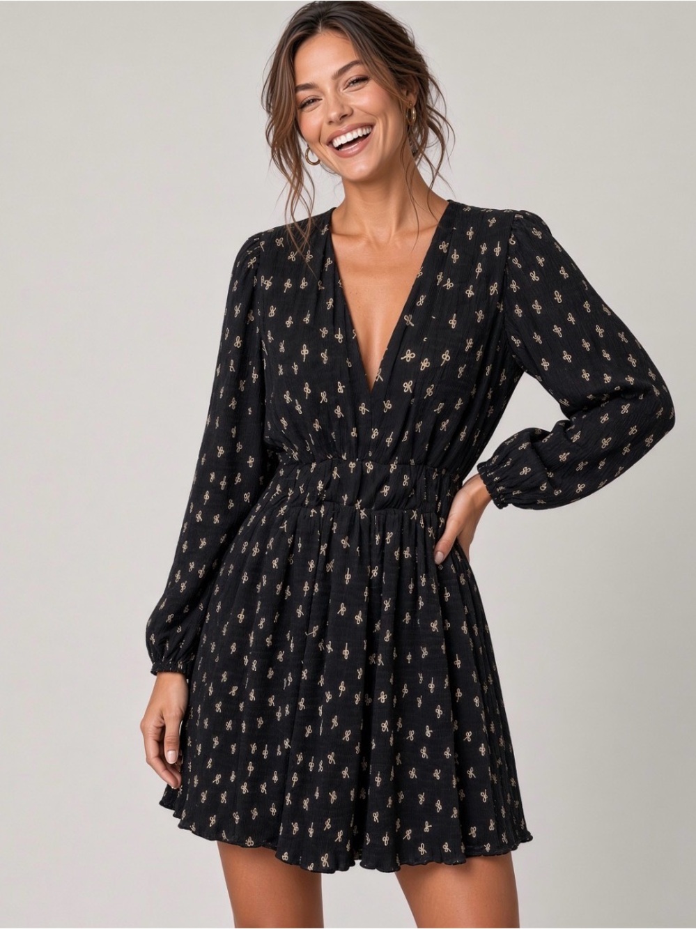 BISHOP YOUNG Dress Women S Black Long Sleeve Deep V-Neck Clover Tan Print Flowy